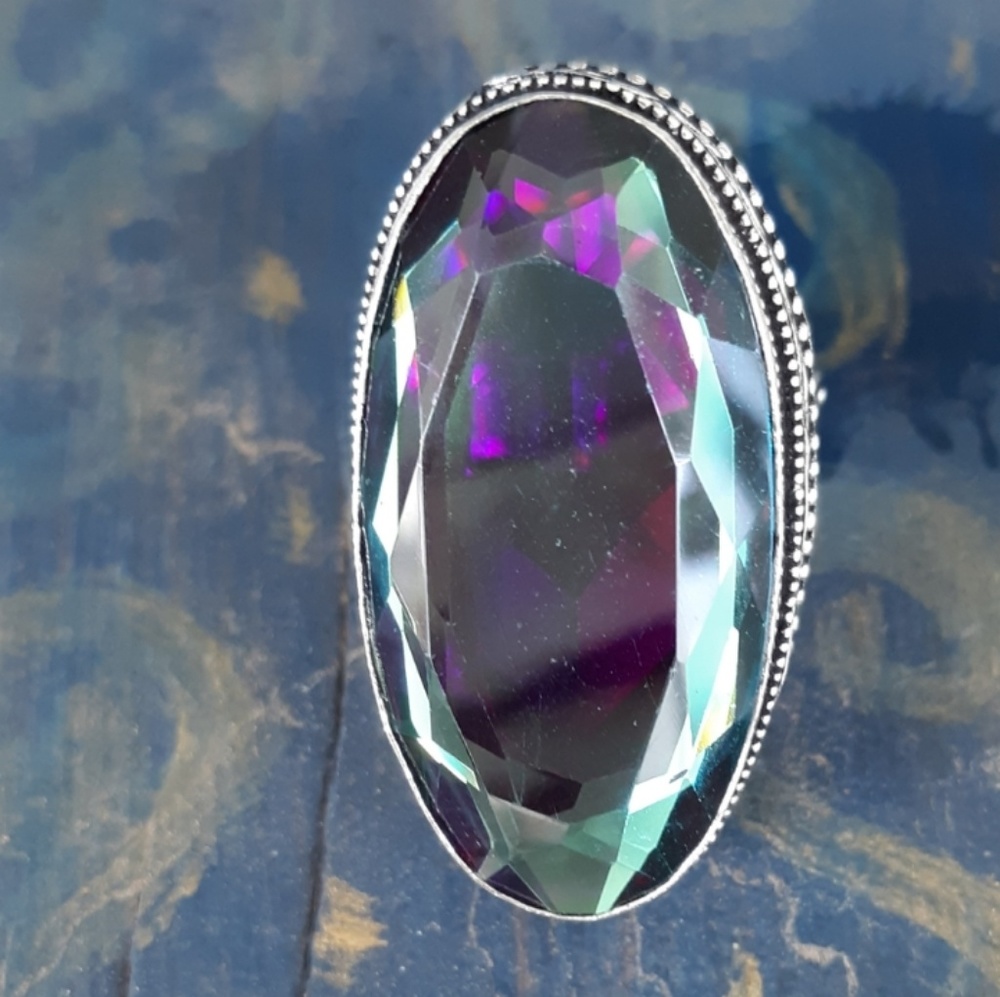 New Oversized Stunning Rainbow Mystic Topaz 925 Silver Statement Ring.